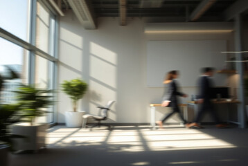 Bokeh in office interior. Blurry lights, design details.