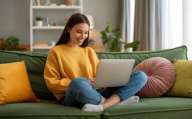 Obraz premium Happy young woman working on a laptop while relaxing on a cozy couch at home