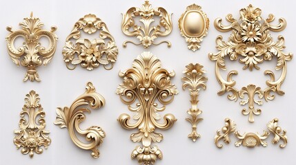 assortment of intricately crafted golden ornamental decor elements, showcasing luxurious and elegant designs