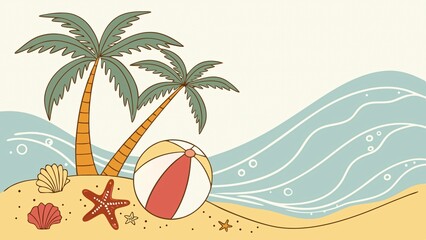 Fototapeta premium Textured illustrations and frames set for summer and the sea Decorations, ornaments, ribbons, summer vacation, watercolor style, waves