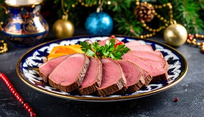 Sliced cured meat on festive plate
