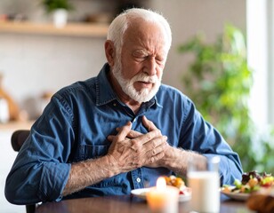 Elderly man experiencing chest pain during meal