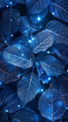 Delicately veined blue leaves shimmer with a magical glow, creating an enchanting, ethereal atmosphere.  