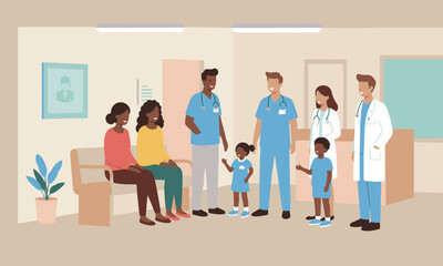 Flat design illustration of different families and children interacting with doctors and nurses in a clinic or hospital waiting room, suitable for children's health brochures, educational materials