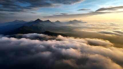 Immersive nature landscape of mountain peak emerging above sea of cloud during sunrise dramatic lighting aerial view captured majestic bird eye angle white background cut out isolated transparent