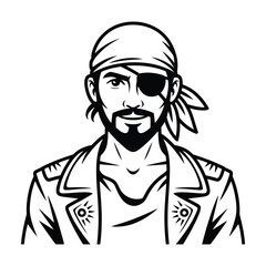 Black and White Pirate Portrait Illustration with Bandana and Eye Patch – Tattoo or Emblem Design

