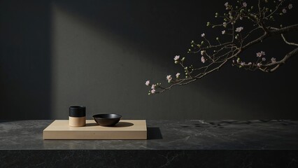 Serene Minimalist Still Life Dark Ceramics, Blossoming Branch, and Subtle Light
