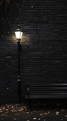 A solitary bench beneath an old-fashioned lamp casts a quiet, moody aura against a dark brick wa