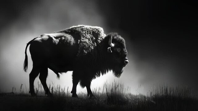 A striking black and white image of a solitary buffalo silhouetted against a misty backdrop, capturing the essence of wildlife in a serene and tranquil environment.