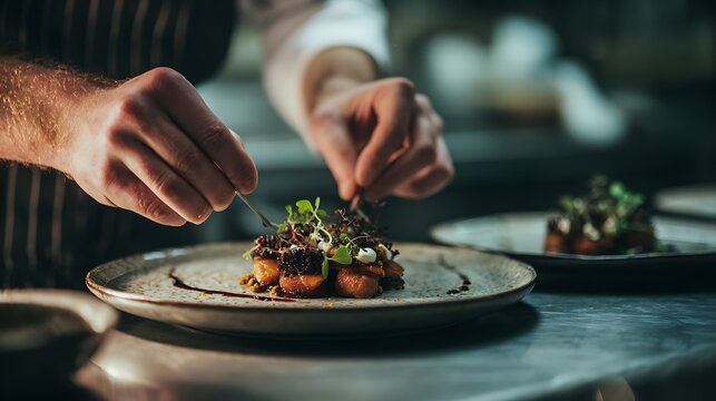 Chef plating gourmet food fine dining restaurant cuisine culinary arts food presentation chef skills