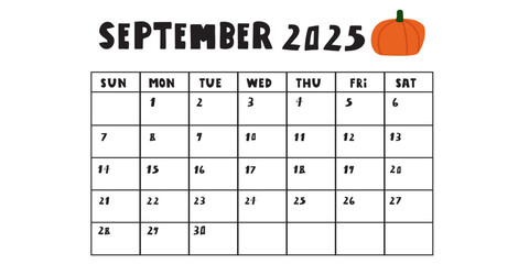 September 2025. Vector calendar. Design illustration on white background.