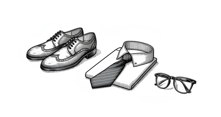 Symbol of dad or office worker, leather shoes, tie, glasses, black and white illustration
