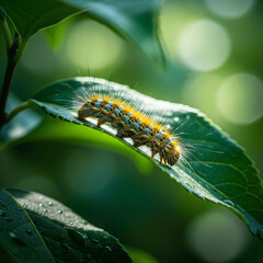 Caterpillar on Green Leaf: A close-up shot captures the intricate beauty of a colorful caterpillar as it gracefully crawls across a vibrant green leaf, showcasing the wonders of nature.