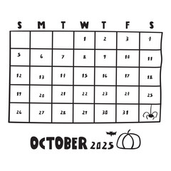 October 2025. Calendar with pumpkin, bat and spider. Hand drawn illustration on white background.