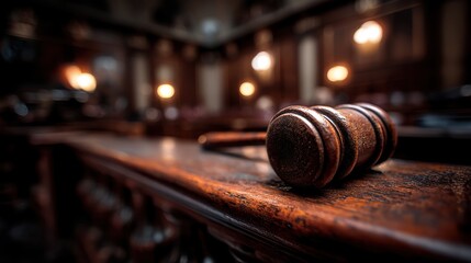 Wooden gavel resting on judgeâ€™s bench in courtroom