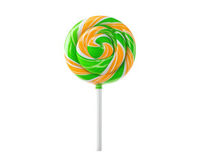 Vibrant, colorful lollipop featuring swirl of green, orange, and white hues, set against clean, transparency background. This delightful candy evokes sense of nostalgia and joy