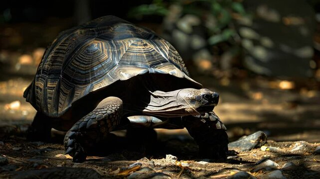 A regal tortoise moves gracefully through its natural environment, displaying stunning shell patterns. The scene captures the essence of wildlife in serene surroundings.