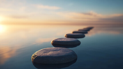 Row of Smooth Stones Leading into a Calm, Reflective Water at Sunset