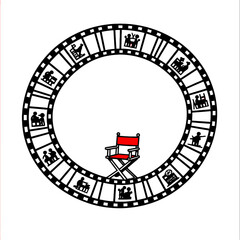 Fototapeta premium Vintage Film Reel Line Art Circle with Red Director's Chair - Hollywood Cinema Retro Vector Illustration