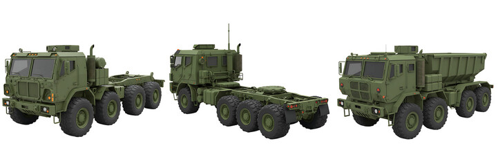 Fototapeta premium Military Cargo Trucks Side View Transparent Background