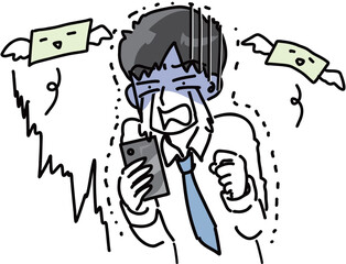 仮想通貨が大暴落して大泣きするサラリーマンのベクターイラスト