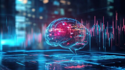 Tech finance concept, AI brain with data charts, 3D illustration. 