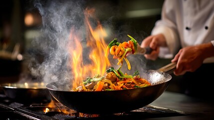 Stir fry cooking wok chef restaurant asian cuisine delicious meal preparation food photography