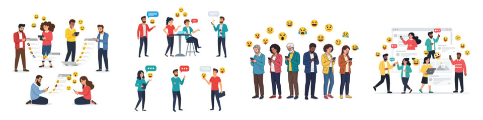 People Chatting and Using Emojis on Social Media Illustration