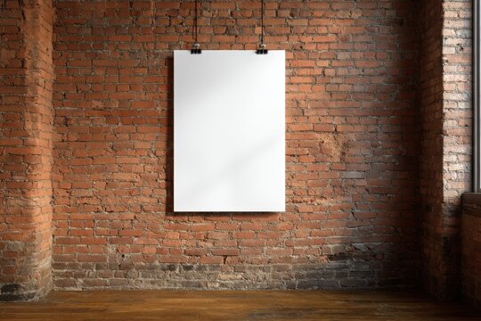 Blank white poster hanging against exposed brick wall in old building offers customizable mockup space for design message or art display