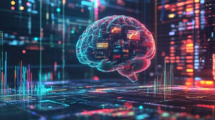 Tech finance concept, AI brain with data charts, 3D illustration. 