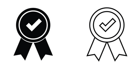 Simple black and white icon of a checkmark badge symbolizing approval and recognition