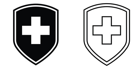 Iconic shield symbols featuring a central cross in contrasting black and white designs for versatile usage
