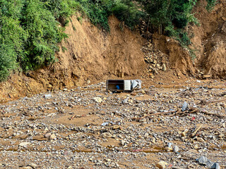 Salamdo River Flooding swept and damaged Vehicle in Patikharka of Kavrepalanchok District, Nepal.