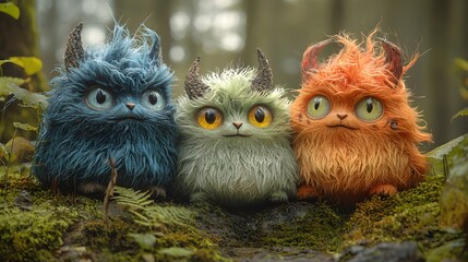 three stuffed animals sitting on a moss covered gr