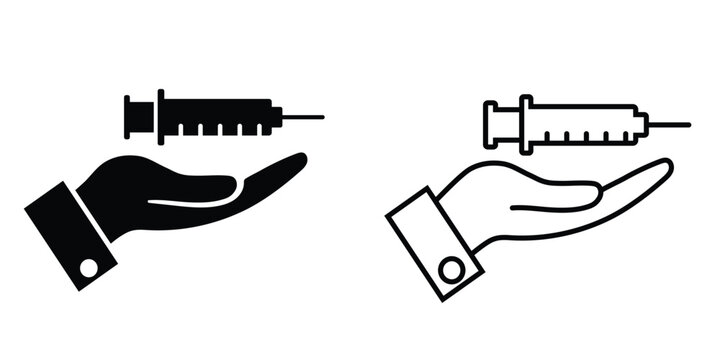 Illustration of hands holding a syringe, showcasing different styles and designs in a healthcare context