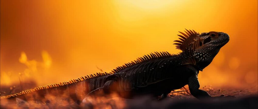 A striking lizard silhouette stands out against a vibrant sunset, showcasing its unique features. The warm golden light highlights the natural beauty of wildlife.