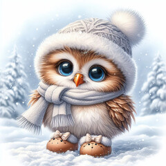 Obraz premium Owl with big eyes, in a hat and scarf, winter, good mood