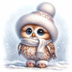 Naklejka premium Owl with big eyes, in a hat and scarf, winter, good mood