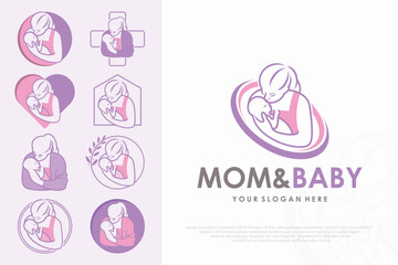 Mother and baby icon set logo. Mom holding her child in her arms , vector illustration