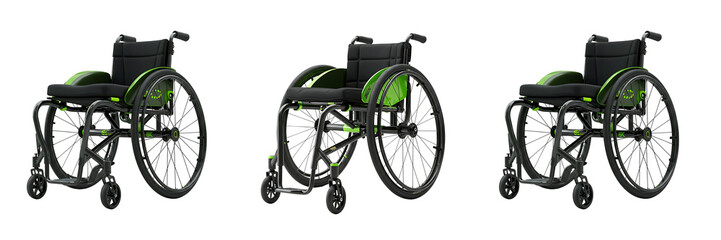 Fototapeta premium Modern Lightweight Wheelchair in Green and Black Transparent Background