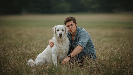 Man and his loyal white dog in a field, enjoying a peaceful moment together