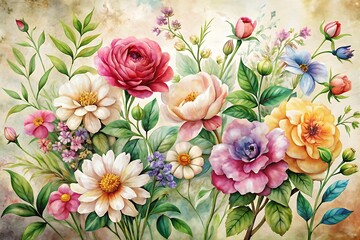 Painting of a flower garden with a variety of flowers including roses, daisies