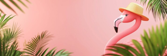 Obraz premium Playful 3D render of a vibrant pink flamingo wearing a stylish straw hat, framed by lush green palm leaves, set against a soft pink background with ample copy space, perfect for summer promotions, tro