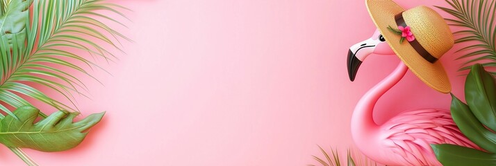 Bright Pink Banner with a Pink Flamingo Wearing a Straw Hat and Lush Green Tropical Leaves, Providing Ample Copy Space for Summer Promotions, Sales, or Holiday Announcements.