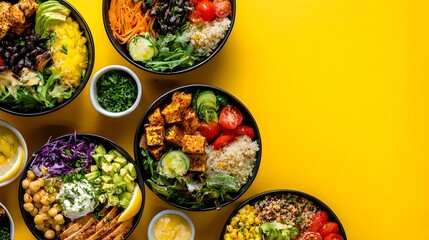 Colorful buddha bowls top view healthy eating balanced diet vegan bowls on yellow background food photography