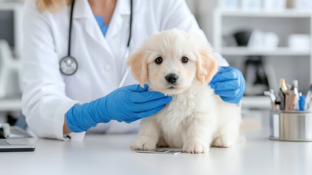 Veterinarian with a Puppy: A caring veterinarian examines a fluffy, golden puppy in a bright and clean clinic setting, emphasizing health care and pet well-being. - Powered by Adobe