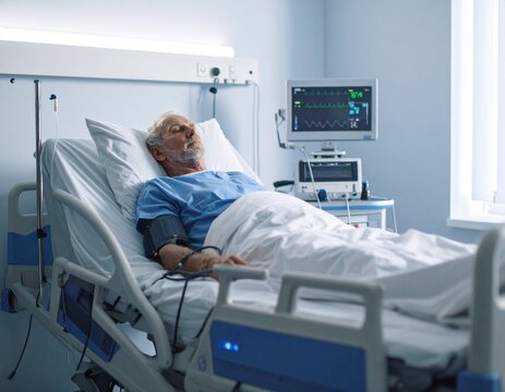 Senior man resting in hospital bed medical care