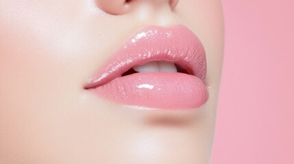 Obraz premium Sensual Lips: A close-up of luscious, inviting lips, perfectly enhanced with a soft pink gloss. The epitome of beauty and allure, creating a captivating visual.