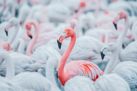 Vibrant Pink Flamingo Standing Out in a Large Flock of White Flamingos, Symbolizing Uniqueness, Individuality, Diversity, and the Concept of Standing Apart from the Crowd.

