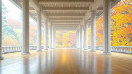 Fototapeta premium A grand colonnaded hall with autumn foliage.